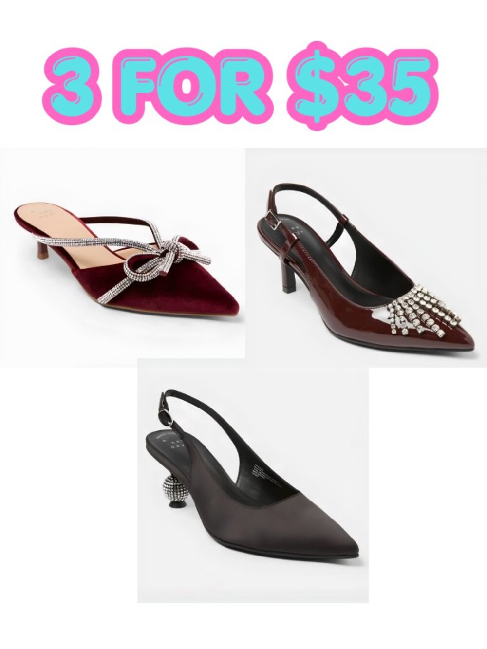 3 For 35, A New Day Women Stiletto Heel, Pointed Toe with Memory Foam
